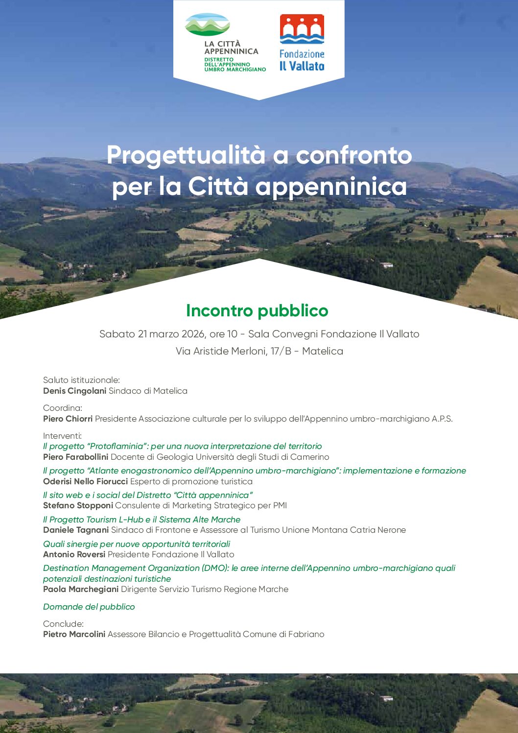 Progettualità a confronto per la Città appenninica: un incontro pubblico sullo sviluppo turistico del Distretto dell’Appennino Umbro Marchigiano
